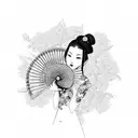 A geisha model holding a traditional Japanese fan surrounded by cherry blossoms tattoo design idea