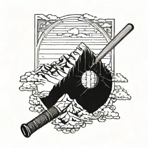 A detailed blackwork tattoo of a mountain range with a hidden cricket bat incorporated into the design tattoo design idea