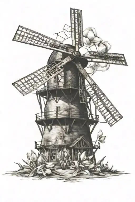 A windmill with tulips surrounding tattoo design idea