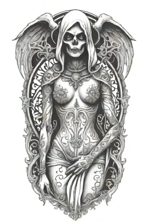 female reaper topless nipple tattoo design idea