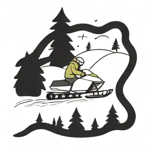 Snowmobile racing through a snowy forest saying lez ride tattoo design idea