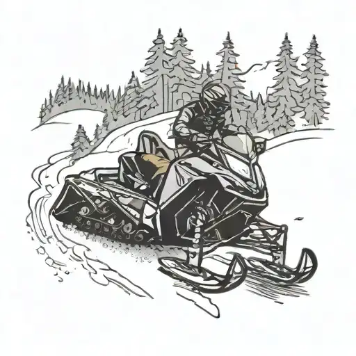 Snowmobile racing through a snowy forest saying lez ride tattoo design idea