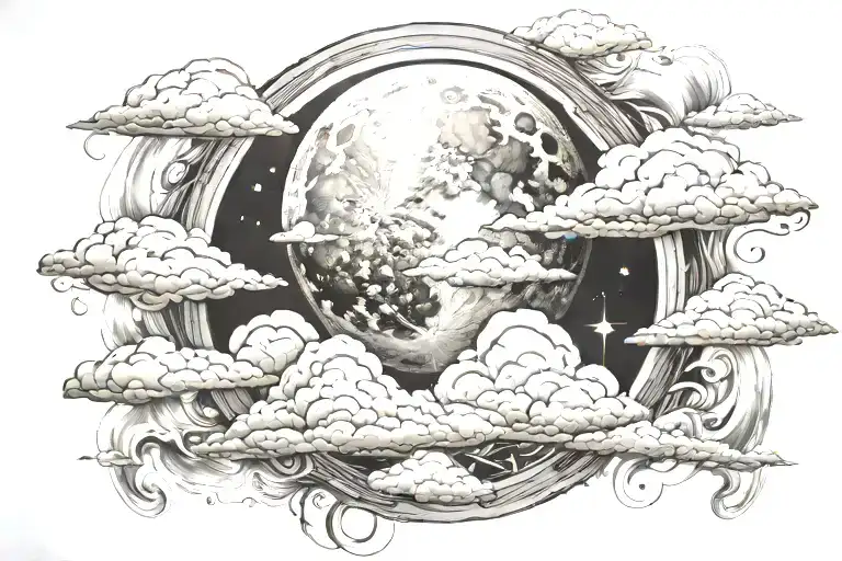 clouds and moon surrounded tattoo design idea