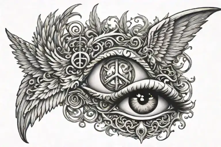 Peace sembol angel devil hippi eye tattoo design idea