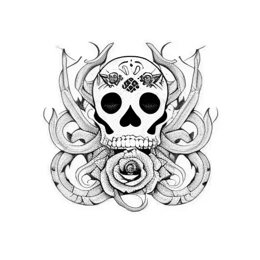 kraken and sugar skull leg sleeve tattoo design idea