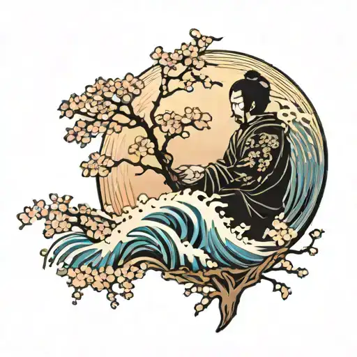 A tribute tattoo of your father's silhouette surrounded by cherry blossoms and Japanese waves tattoo design idea