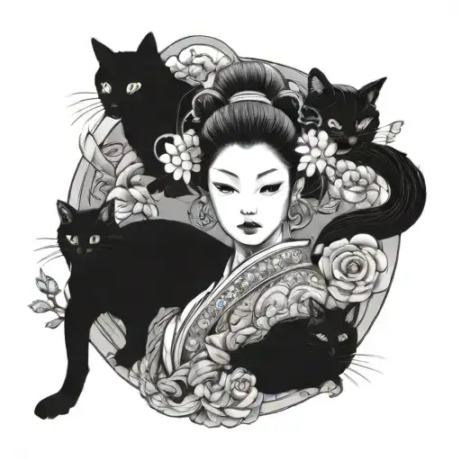 A tattoo design of a Japanese geisha nurse surrounded by black cats and crochet patterns tattoo design idea