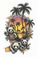 Grateful Dead bears with sunset showing thru black palm trees  tattoo design idea