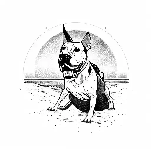 A silhouette of your dog pirate bull terrier running on the beach at sunset tattoo design idea