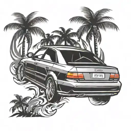 audi a4 b5 exhaust makes flames palm trees neon retro tattoo design idea