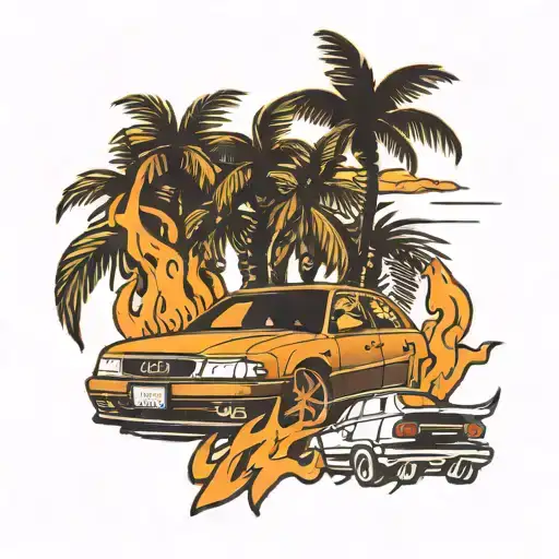 audi a4 b5 exhaust makes flames palm trees back neon retro tattoo design idea