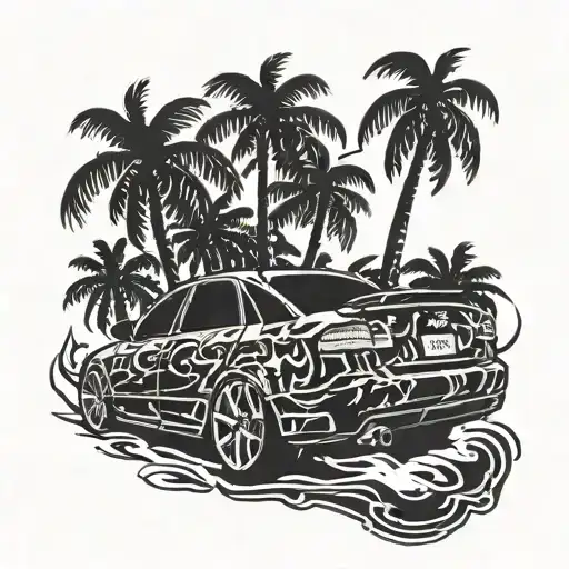 audi a4 b5 1.8t exhaust on the hood make flames palm trees back style neon retro tattoo design idea