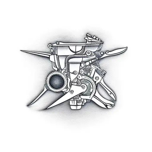 Motorcycle engine with barber scissors tattoo design idea