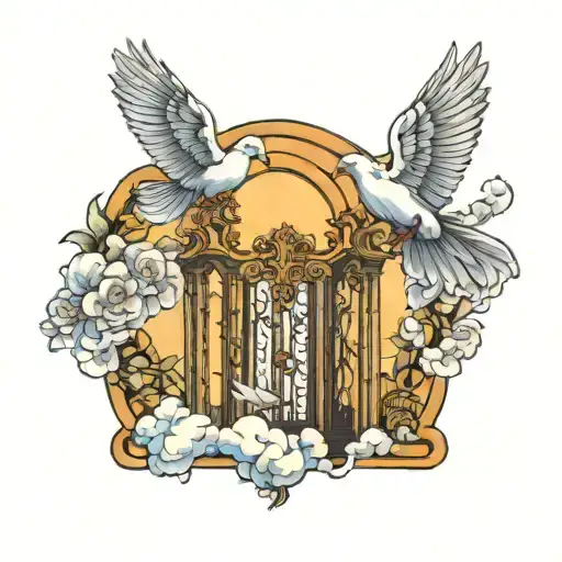 heaven gates with doves flying tattoo design idea