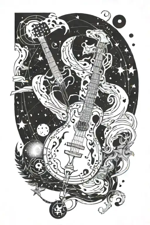 renaissance zodiac map leo constellation intertwined with grunge guitar tattoo design idea