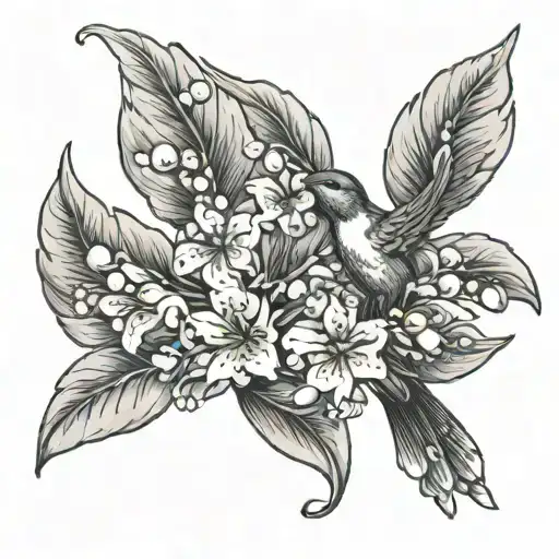 lily of the valley, hawthorn, lilac flower with hummingbird intertwined tattoo back of shoulder   tattoo design idea