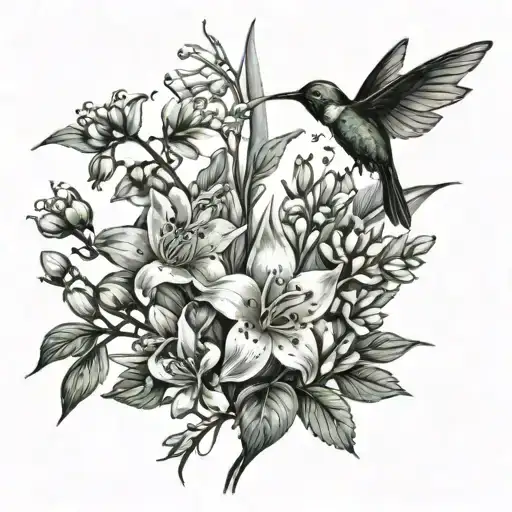 lily of the valley and hawthorn flower intertwined, back of shoulder, with dragonfly, and hummingbird. feminine  tattoo design idea