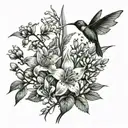 lily of the valley and hawthorn flower intertwined, back of shoulder, with dragonfly, and hummingbird. feminine  tattoo design idea