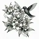 lily of the valley and hawthorn flower intertwined, back of shoulder, with dragonfly, and hummingbird. feminine  tattoo design idea
