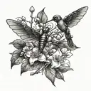 lily of the valley and hawthorn flower intertwined, back of shoulder, with dragonfly, and hummingbird. feminine  tattoo design idea
