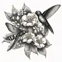 lily of the valley and hawthorn flower intertwined, back of shoulder, with dragonfly, and hummingbird. feminine  tattoo design idea
