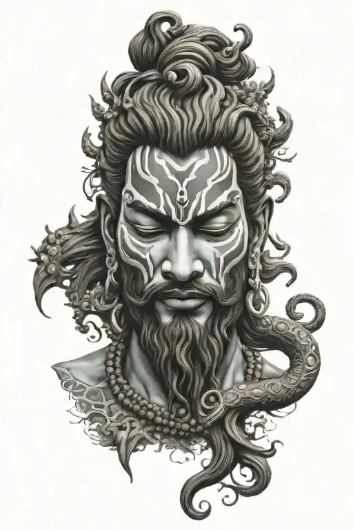 shiva scuplture face with beard  tattoo design idea