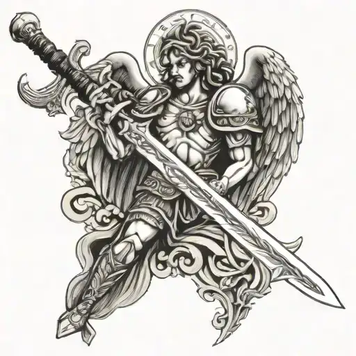 St michael archangel sword with "Quis ut Deus" tattoo design idea