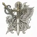 St michael archangel sword with "Quis ut Deus" tattoo design idea