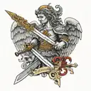 St michael archangel sword with "Quis ut Deus" tattoo design idea