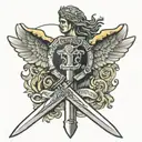 St michael archangel sword with "Quis ut Deus" tattoo design idea