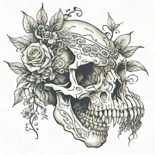 dinosaur skull with flower vines wrapped tattoo design idea