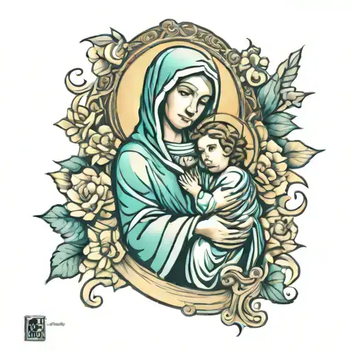 Mother mary carrying Jesus tattoo design idea