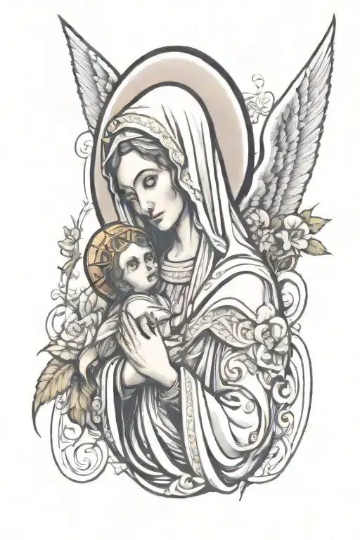 Mother mary carrying Jesus cross tattoo design idea