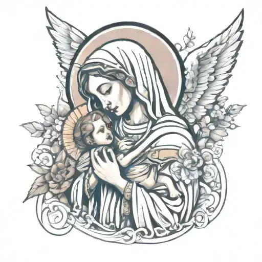Mother mary carrying Jesus cross tattoo design idea