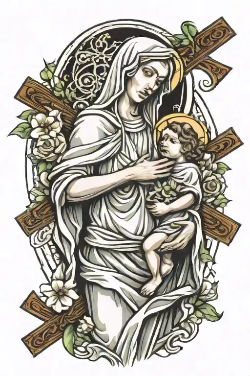 Mother mary carrying Jesus cross tattoo design idea