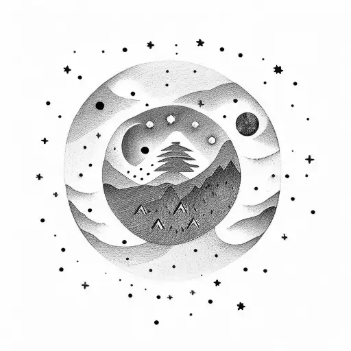 Scandinavian nature scene with a silhouette of an animal and the Big Dipper constellation in the night sky, tattoo design idea