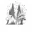 Scandinavian nature scene with a silhouette of an animal and the Big Dipper constellation in the night sky, tattoo design idea