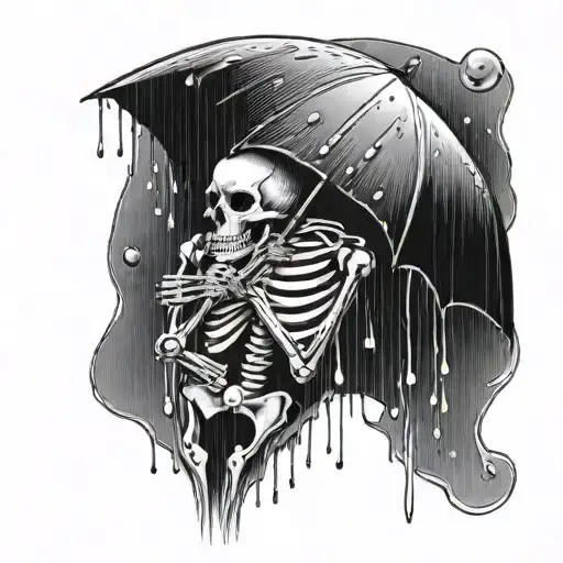 a skeleton holding an umbrella with rain drops underneath the umbrella tattoo design idea