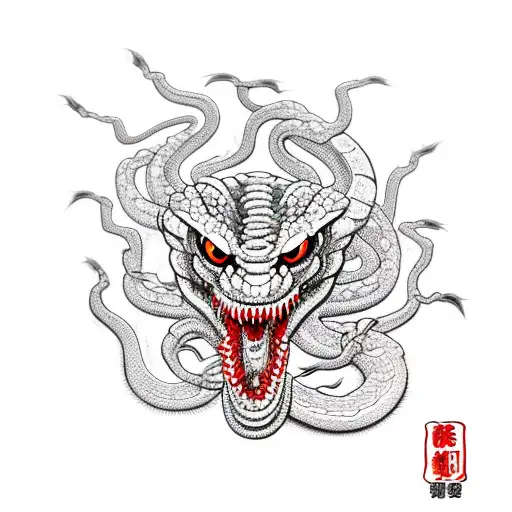 Snake crawling out of a scull with a red en black dragon head and en japanese mask with samoerai swords going trough it  tattoo design idea