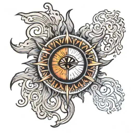 Half blazing sun and half moon with third eye in the middle in colour tattoo design idea