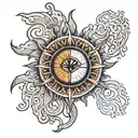 Half blazing sun and half moon with third eye in the middle in colour tattoo design idea