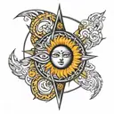 Half blazing sun and half moon with third eye in the middle in colour tattoo design idea