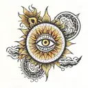 Half blazing sun and half moon with third eye in the middle in colour tattoo design idea