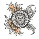 Half blazing sun and half moon with third eye in the middle in colour tattoo design idea