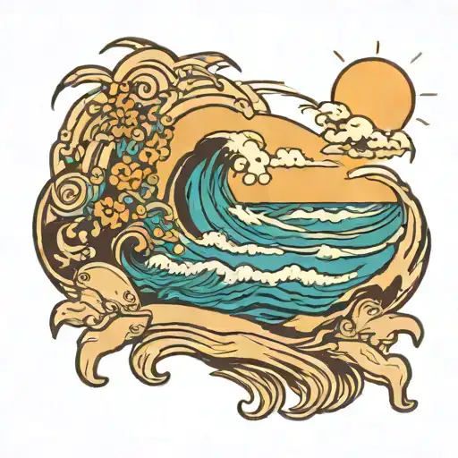 A tattoo with an ocean with waves crashing on the beach with 7 sets of footprints walking toward the water. A sun in the tattoo design idea