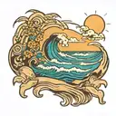 A tattoo with an ocean with waves crashing on the beach with 7 sets of footprints walking toward the water. A sun in the tattoo design idea