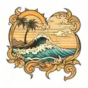 A tattoo with an ocean with waves crashing on the beach with 7 sets of footprints walking toward the water. A sun in the tattoo design idea