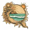 A tattoo with an ocean with waves crashing on the beach with 7 sets of footprints walking toward the water. A sun in the tattoo design idea