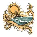 A tattoo with an ocean with waves crashing on the beach with 7 sets of footprints walking toward the water. A sun in the tattoo design idea