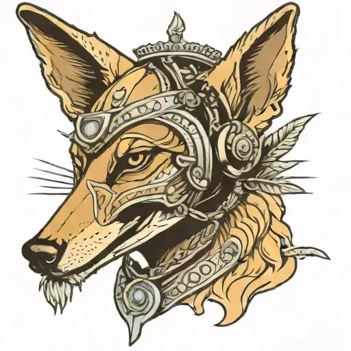 jackal with greek helmet adorned tattoo design idea